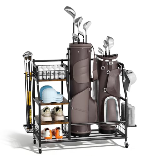 CUPCHID Golf Storage Rack Golf Bags Storage Stand with Lockable Universal Wheels and Other Golfing Equipment Rack Extra Large Golf Garage Organizer for Garage Storage Shed Basement