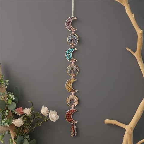 Handmade Tree of Life Stones Moon Wall Ornament Natrual Crystal Gemstones Hanging 7 Chakra Healing Crystals with Tumbled Tassel Ornament for Home Decor Yoga Meditation Gift (Moons and Circles) Cover