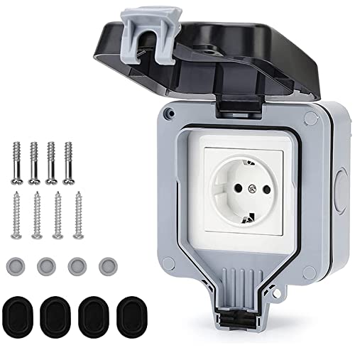 Außensteckdose IP66 Wetterfeste Außenwandsteckdose Aufputzsteckdose Schutzkontakt Außensteckdose Außensteckdose für den Außenbereich mit Klappdeckel (1-Fach) Cover