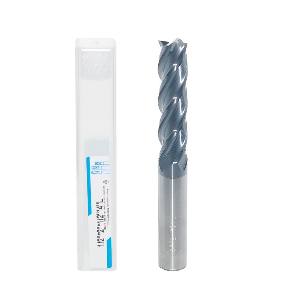 JIANXING 1/2" Extra Long Carbide Square End Mill for Alloy Steels/Hardened Steels, 4" Overall Length End Mill Bits, 4 Flute HRC 55 Deg AlTiN Coating,