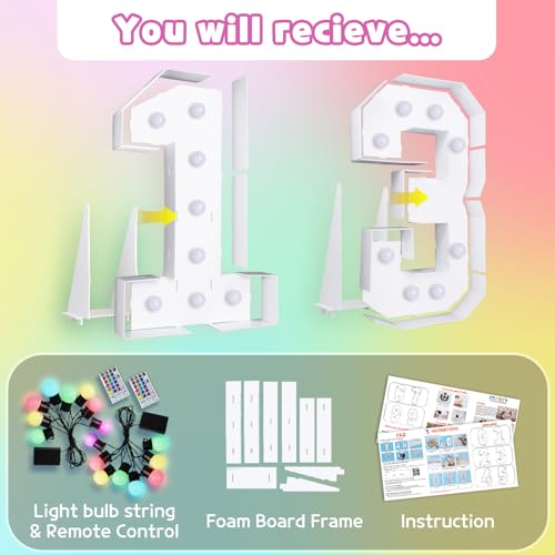 Image of Imprsv Colorful 3FT Marquee Numbers Light up Numbers 13 Birthday Decoration | RGB with Remote, Party Decorations Anniversary Wedding Decorations Assembly Required Foam Board 39 Pcs Accessory Set