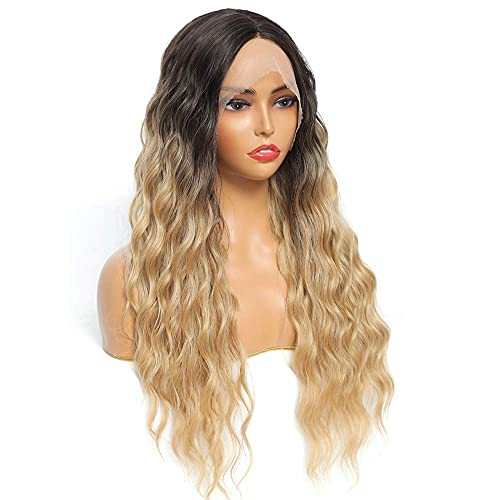 Sylhair Synthetic Lace Front Wigs 30'' Long Curly Wavy Wig for Women Dark Roots Light Blonde Synthetic Wavy Wigs (27/85)