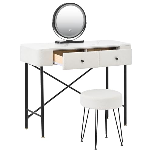 Tocador con espejo LED blanco y negro de 100x40x120 cm con 2 cajones 7