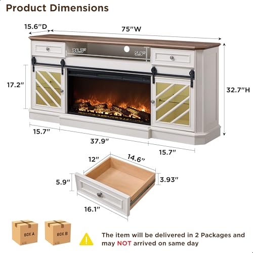 OKD-75-Fireplace-TV-Stand-for-85-Inch-TV-Farmhouse-Highboy-Entertainment-Center-with-36-Electric-Fireplace-Modern-Media-Console-Table-with-Drawers-StorageCabinets-for-Living-Room-Antique-White OKD 75 Fireplace TV Stand for 85 Inch TV Farmhouse Highboy Entertainment Center with 36 Electric Fireplace Modern Media Console Table with Drawers StorageCabinets for Living Room Antique White