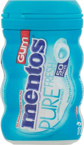 Image of Mentos Pure Fresh Sugar-Free Chewing Gum with Xylitol, Wintergreen, 90% Recyclable Curvy Bottle, 50 Pieces per Bottle (Pack of 1)