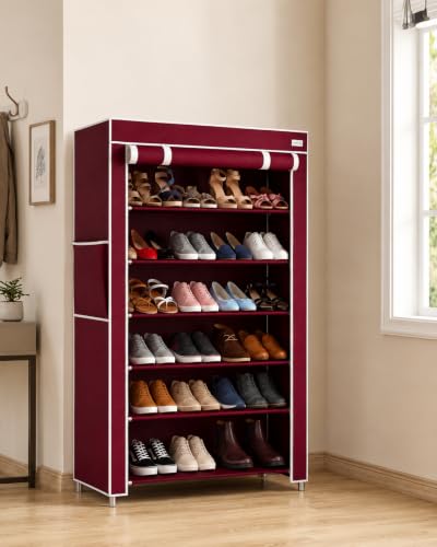 Image of 6 Layer Shoe Rack Plastic with Maroon Cover | Multipurpose Plastic Shoe Rack for Home | Space Saving Foldable Shoe Stand | Storage Rack for Home, Bedroom & Entryway.