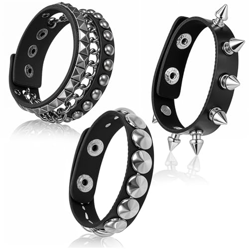 3 Pcs Studded Black Spiked Emo Punk Gothic Spike Leather Cuff Set Adjustable Wristband Bangle Punk Rock Bracelet For Men Women 80s Jewelry Party Night Club