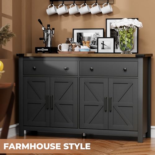 Vvflu 00931 55 Inch Sideboard Buffet Cabinet With Storage, Coffee Bar Cabinet With 2 Drawers And 4 Barn Doors, Long Storage Cabinet Modern Farmhouse, Black Wood thumb #1