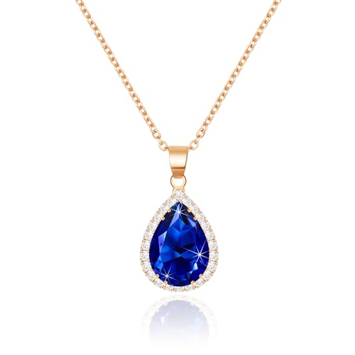 Linawe Collier bleu saphir pour femme, pendentif en or rose, diamant, pierre de naissance, cristal, chaîne à breloques, ensembles de bijoux pour femmes,...