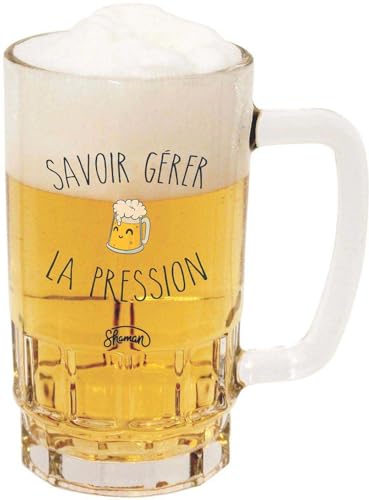 Le Fabuleux Shaman 40-1X-015 Chope à bière Savoir gérer la Pression Transparent et Noir Verre D12 x H15 cm