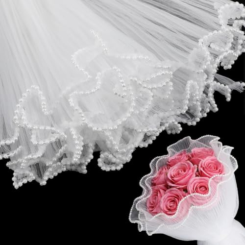 Matwsec 3.8 Yard Flower Wrapping Mesh Paper Pearl Edge Bouquet Wrapping Paper Wrinkled Translucent for Party Favor Decor Florist Supplies Wedding Gift Packaging Mothers Day Valentines Day