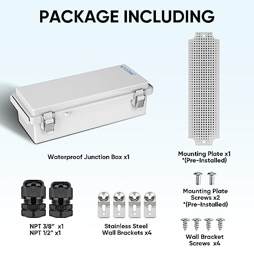 Image of TICONN Outdoor Electrical Box Waterproof, Junction Box IP67 ABS Plastic Enclosure with Hinged Cover with Mounting Plate, Wall Brackets, Cable Glands (Off-White, 10.2 inchx4.3 inchx3.0 inch)