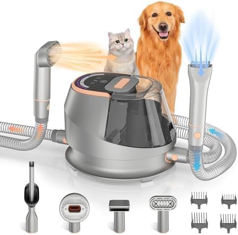 Pet Grooming Kit & Vacuum – Deshedding, Vacuum and Drying All in One Pet Hair Remover Dog Cat Clipper, with 3 Levels Adjustable Suction and Hot Dryer, Multiple Pet Grooming Tools, 5 Nozzles, 3.5L Cup