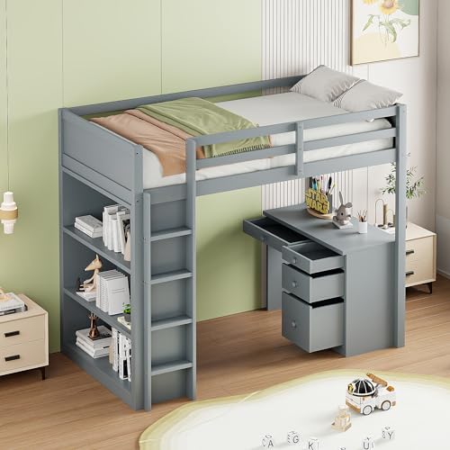 Moimhear Cama Alta 90 x 200 cm Con Armario de Almacenamiento y Mesa para Ordenador, Multifuncional de Madera para Niños y Adultos (Gris)