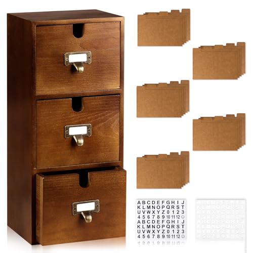 DLUGOPIS 3 Tier Index Card Holder 3x5 Wooden Card Catalog Box with 3 Drawers Brown Index Card Storage Box Flash Card Holder 25 Index Card Dividers 2 Letter Smile Stickers for Office
