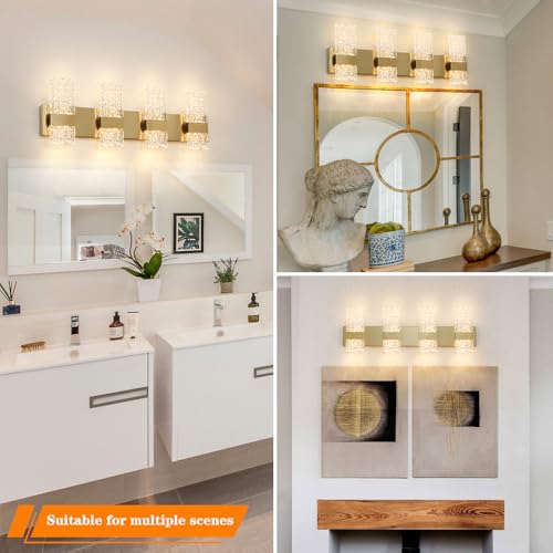 Image of Modern Polished Gold 4 Lights Bathroom Vanity Light, Eleglant LED Bathroom Light Fixtures Over Mirror, Dimmable Acrylic Shade Wall Lighting Fixtures, Hardwired Wall Light(H9.25in, L28.35in)