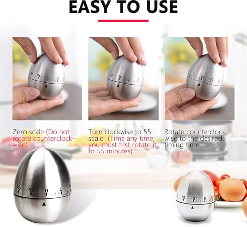 Image of Stainless Steel Egg Kitchen Timer | 60-Minute Mechanical Countdown Timer with Loud Alarm | Egg-Shaped Rotating Manual Timer for Cooking, Baking, Study & Pomodoro (Brushed Silver)