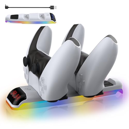 Ladestation für PS5 Slim Controller, PS5 Slim Konsole-Top-Aufladung Gleichzeitige Aufladen von Dual Controllern, mit mit RGB-Licht & Aufbewahrung für Kopfhörer PS5 Slim Zubehör (Nicht für 2020 PS5)