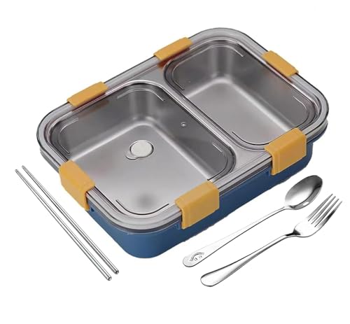 Image of Storescent Lunch Box with Compartment, Leak-Proof BPA Free Stainless Steel for School, Lunch Box for School & Office with a Fork, a Spoon and a Pair of Chopsticks (Blue, 2 Compartment)