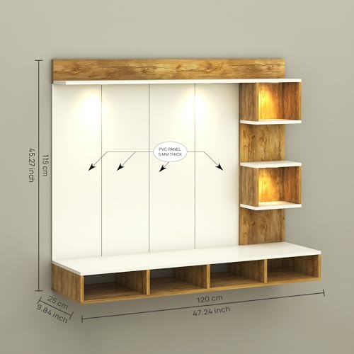 Image of Anikaa Kirina Engineered Wood Wall-Mount TV Unit with PVC Back Panel & LED Lights | TV Cabinet with Storage Box & Decorative Shelves (Gaintwood /White) ? Ideal for TVs up to 40 Inch | DIY Installation