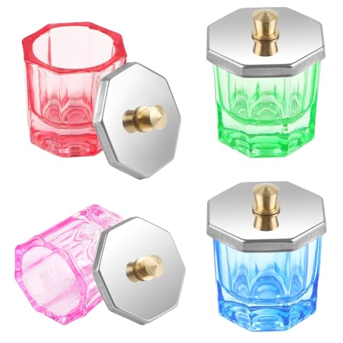EBANKU Juego de platos Dappen de 4 colores para uñas acrílicas, recipientes multifuncionales de cristal para polvo con tapas a prueba de fugas, kit de herramientas de arte de uñas de grado de salón y