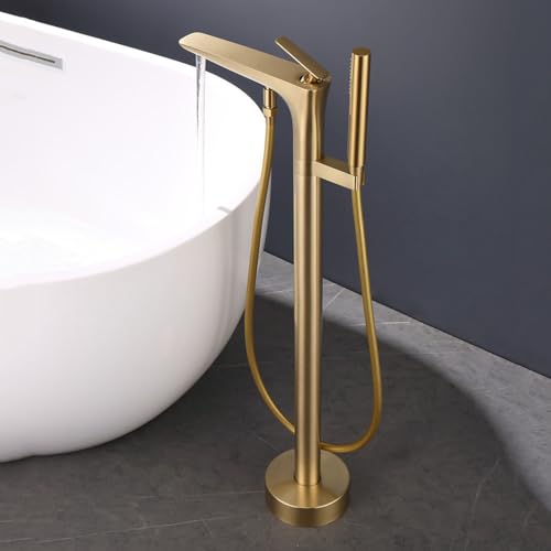 Grifo Bañera de Pie Oro Cepillado Rotación de 360° Ducha Baño Montado en Suelo Grifo de Bañera Exenta