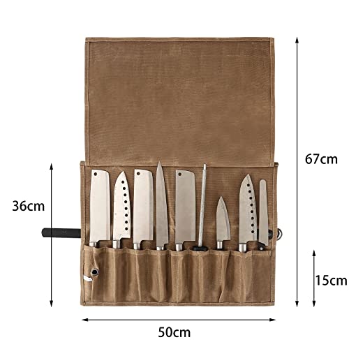 Chef’s Knife Roll Case With 9 Slots,Waxed Canvas Chef Knife Bag, Portable Travel Chef Knife Case With Leather Belt,Knives Holders Protectors,Knife Roll Bags For Chefs Culinary Camping Bbq. (Brown) #TOP1