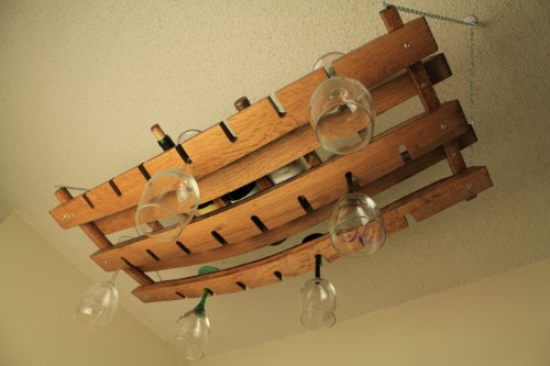 Hanging wine bottle and glass rack made from oak wine barrel staves