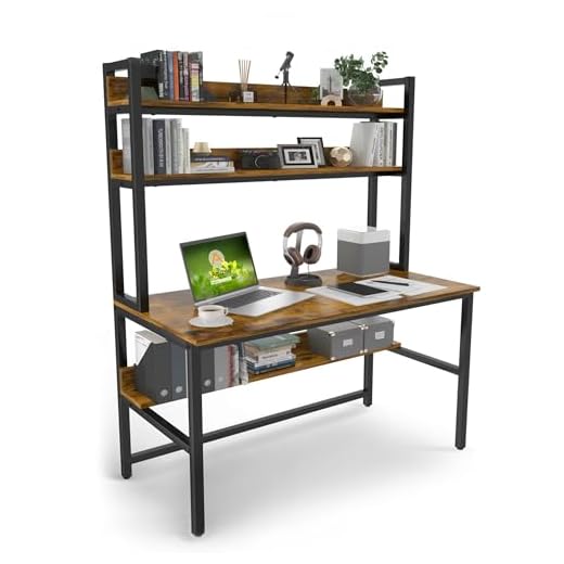 Aquzee Computer Desk with Hutch & Bookshelf, Home Office Desk with Space Saving Design, Metal Legs Industrial Table with Upper Storage Shelves for Study Writing/Workstation, 47 Inches Rustic
