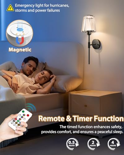 Image of Adetu 19.3 Inch Crystal Battery Operated Wall Sconces Set of 2 | Black Rechargeable Wall Lights with 10000mAh Dimmable Magnetic Bulb, RGB Wall Lamp for Bedroom Decor