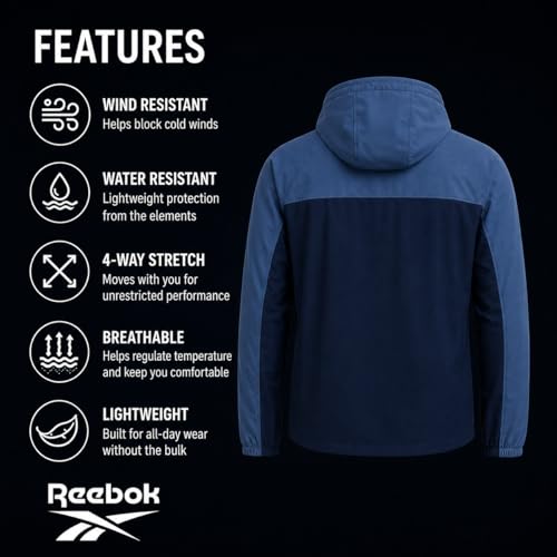 Image of Reebok Mens Softshell Jacket - Lightweight Fleece Mens Jacket with Hood - Weather Resistant Zip Up Windbreaker Coats for Men