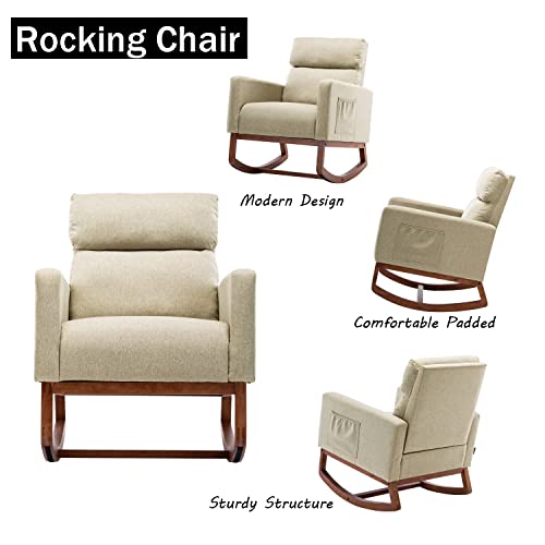 Altrobene Accent Rocking Chair Nursery Mid Century Modern Rocker Comfy Chair High Back Armchair For Living Room/Bedroom/Baby Room, Beige #TOP4