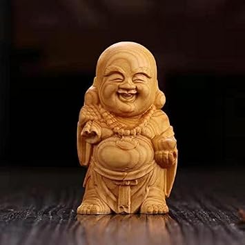 Buddha Statue, Wooden Carving, Mini Hotei-like Figurine, High Quality Wood Carving from Boxwood, Good Luck, Charm H x W x D 2.4 x 1.6 x 1.2 inches 6 x 4 x 3 cm