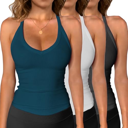 iGENJUN 3 Pack WorkoutTops for Women Racerback Tank Tops 2025 Yoga Gym Ribbed Sleeveless Shirts Clothes,L,BlackWhiteTeal