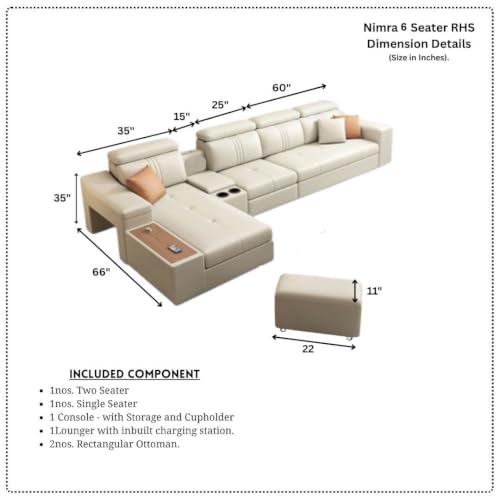 Image of Homax. Nimra Smart L-Shape 6-Seater Sectional Sofa Set with Console, Cup Holders, Charging Station & 2 Ottomans - Premium Leatherette Finish - Brown Color Orientation RHS