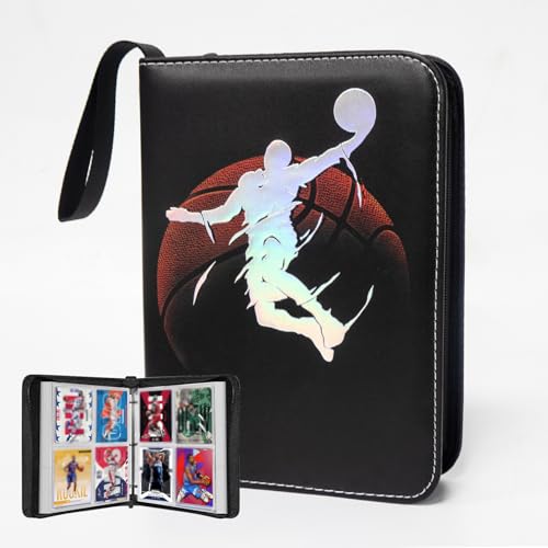 Carpeta de tarjetas de baloncesto de 400 bolsillos, álbum de almacenamiento de estampado en caliente plateado láser con fundas extraíbles para coleccionistas de tarjetas de baloncesto deportivas