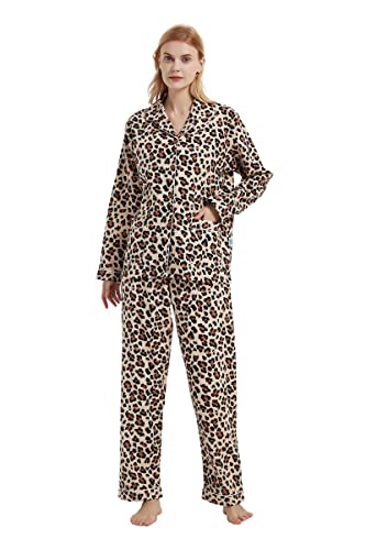 Global - Pigiama da donna, 100% flanella di cotone, con bottoni frontali, pantaloni con coulisse, Marrone leopardato., L
