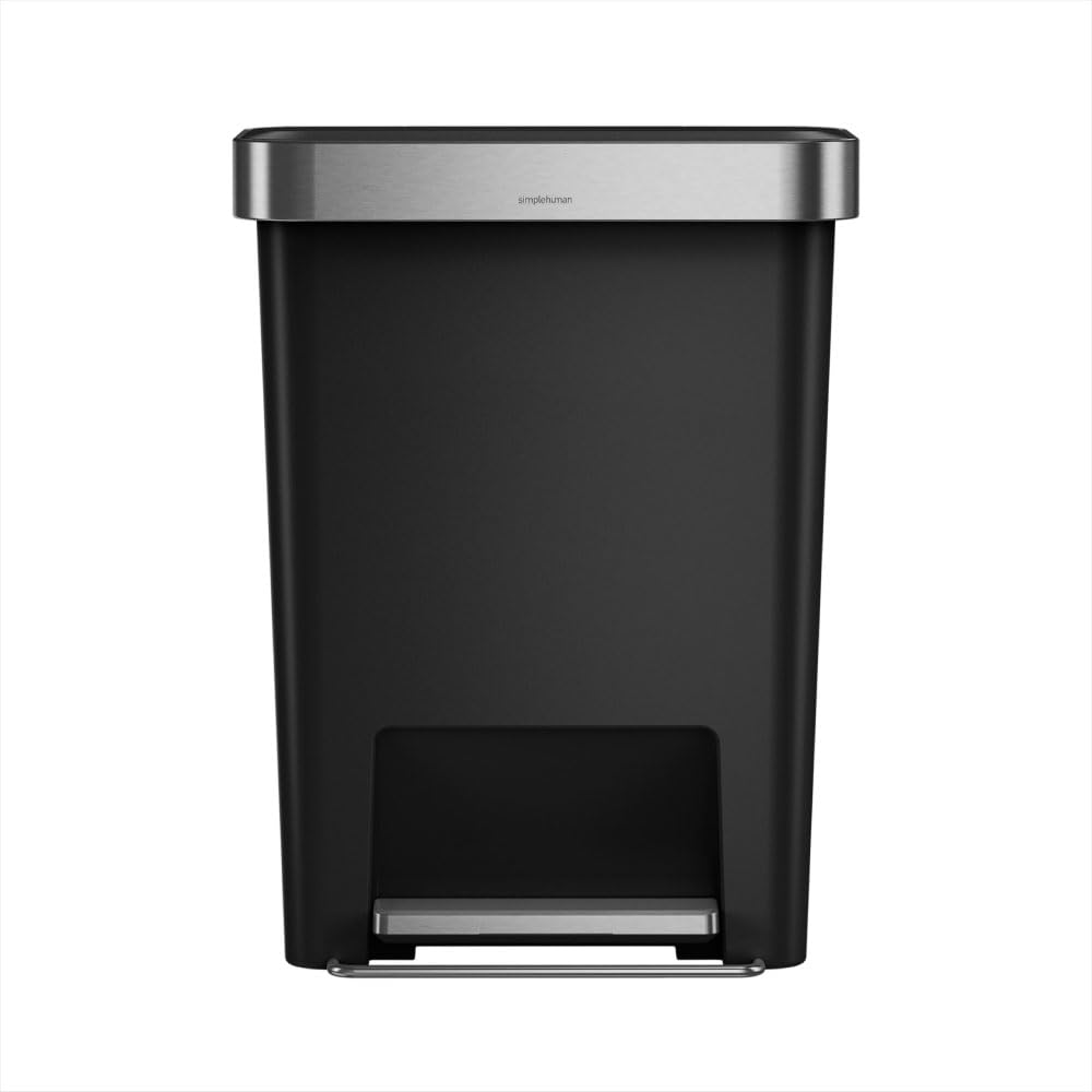 simplehuman CW1385CB poubelle rectangulaire à pédale, avec réserve à sacs, poubelle de cuisine, plastique noir, 45 litres | Rectangulaire, avec Pédale Robuste, Technologie Lid Shox®, Réserve à Sacs Intégrée, Code de Sacs Poubelle sur Mesure