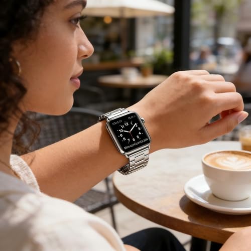 Image of Silvery Stainless Steel for Apple Watch Metal Band 44-49mm | Luxury 304 Stainless Steel Chain Strap Adjustable Links Double Button Clasp Fits S10 /Ultra /Se3 Wrist 6.3-8.07in Durable Metal