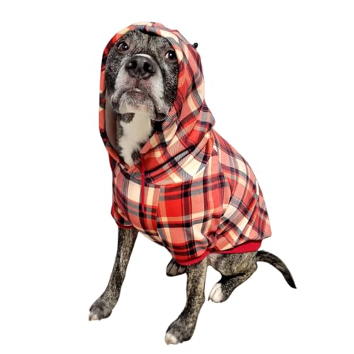 Image of Spark Paws Dog Hoodie - Premium Dog Sweater for Small, Medium, and Large Dogs | Warm Outfits for French Bulldogs, Pitbull, Puppy, Winter Jacket Alternative - Red Plaid, 2XL