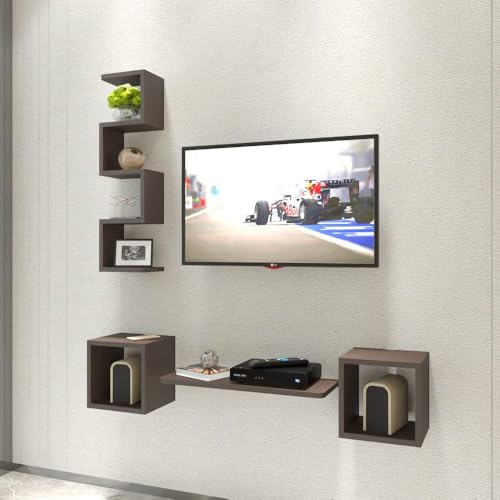 Image of ESTANTERIA Tv Unit Wall Mounted Engineered Wood TV Unit, TV Cabinet for Wall, TV Stand for Wall, TV Stand Unit Wall Shelf for Living Room, Set Top Box Wall Display Rack Stand(Standard Wenge)