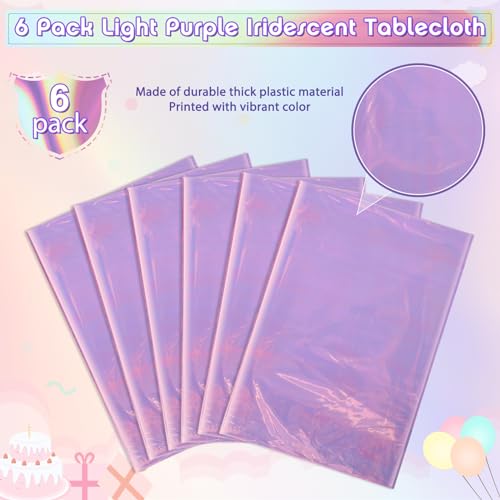 Image of 6 Pack Light Purple Plastic Tablecloths for Rectangle Tables, Shiny Disposable Laser Rectangle Table Covers Holographic Foil Tablecloth Iridescent Party Decoration Birthday Bridal Wedding, 39x108 Inch
