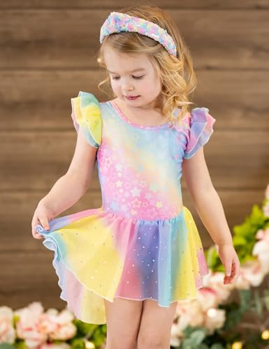 Image of Arshiner Girls Shiny Ruffle Sleeve Ballet Leotard with Skirt Criss-Cross Back Dance Dresses