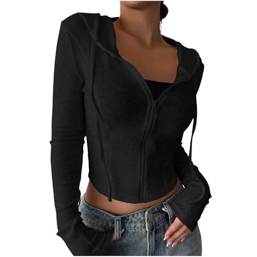 Women's Cropped Zip Up Hoodie Lightweight Long Sleeve Ribbed Knit Slim Fit Crop Sweatshirt Casual Going Out Hooded Top Black