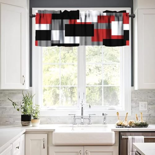 Image of Red Black Grey Geometric Window Valance Curtain, Splicing Geometric Plaid Abstract Square Multicolor Checkered Window Treatment Valances for Kitchen Living Room Cafe Decor 54'x18', 1 Panel