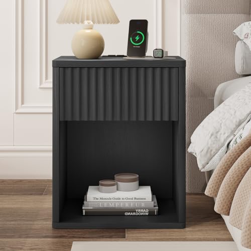 Image of Fluted Black Nightstands Set of 2 w /Charging Station, Wooden End Table Bed Side Table with Curved Drawer, Mid Century Modern Fluted Night Stand with Rounded Edge for Bedroom, Living Room