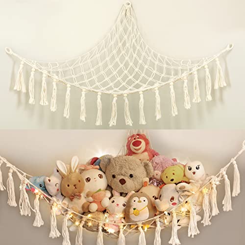 Image of ELTNEGSA Stuffed Animal Hammock Corner with LED Light,Stuffed Animal Storage for Girls Room Decor and Nursery Decor,Stuffed Animal Net for Baby Room Decor and Toddler Room Decor for Girls