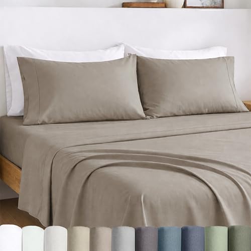 Image of California Design Den Egyptian Percale Sheets King Size Set - Certified 100% Egyptian Cotton, Lightweight Percale King Size Sheet Set with Deep Pockets, Crisp & Durable Bedding Set - Mushroom Taupe