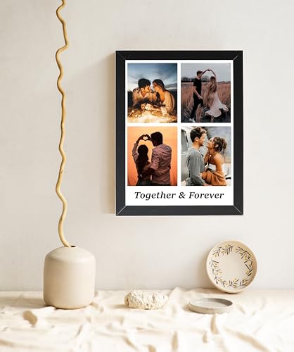 Image of Wood Customized Photo Collage Frames for Wall, Personalized 4 Rectangular Photo Frame with Photo Upload for Couple, Family, Kids in Bedroom, Living Room and Gift, 8x12 Inch, Black