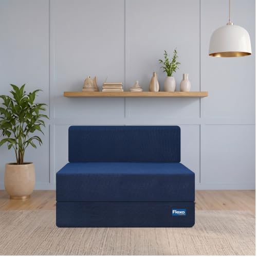 Image of Starlon 1 Seater Foldable Sofa Cum Bed 3-in-1 with Washable Jute Fabric Cover, Space Saving Guest Bed for Living Room & Apartment, Pre-Assembled Royal Navy Blue 3x6 Ft